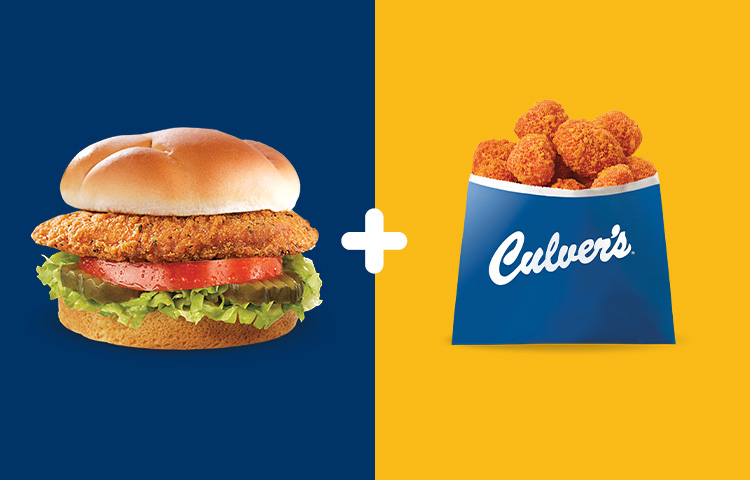 Grid-style image showing a Spicy Crispy Chicken sandwich on the left and Hot Honey Curds on the right.